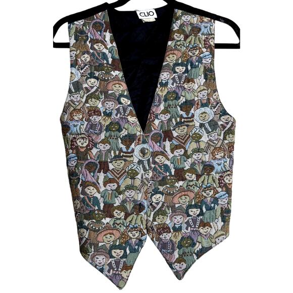 VTG Clio Button Up Vest Women Medium Children of the World Tapestry MADE IN USA - Picture 1 of 10